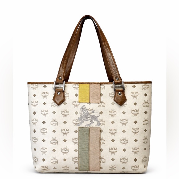 MCM Handbags - MCM Tote Bag White Logo Visetos Canvas Leather Trim Shoulder Bag